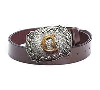 Ceinture, Cuir for hommes et femmes, fait main en véritable cuir, avec gravure rectangulaire style western antique argent brillant(Coffee,130cm/waist:44"~46")