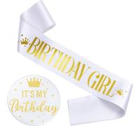 Ceinture d'Anniversaire et Badge d'Anniversaire Décorations de Fête d'Anniversaire Ceinture Birthday Girl Badge Its My Birthday Écharpe d'Anniversaire Épingle en Métal Pailletée (Or Blanc)