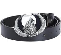 Ceinture De Cow-Boy Western en Cuir Faite à La Main pour Hommes avec Tête De Loup Animal Sauvage Et Boucle Sculptée De Pleine Lune pour Robe De Jeans Décontractée, Black, 110cm/waist:37"