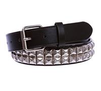 Ceinture en cuir cloutée argentée à deux rangées de style punk rock et étoile 33 mm, noir, 81 cm