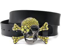 Ceinture en Cuir pour Femmes Hommes Cristal Bling Strass Clouté Brillant Squelette Tête De Mort Boucle Punk Ceinture Multicolore, Yellow, 105cm/waist:35
