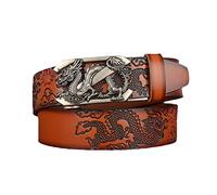 Ceinture en Cuir pour Homme, Réglable à Cliquet Ceinture Automatique Boucle en Relief de Sculpté Argent 3D Dragon Rock Métal Biker Ceinturon,Marron,130cm/waist:44"~46"