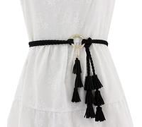 Ceinture fine pour femme - Style décontracté - Tressée - Frange - Cuir foncé, Noir , taille unique