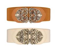 Ceinture large à taille élastique pour femme 2 pièces rétro Ceinture Élastique (Marron & Beige)