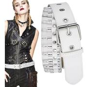 Ceinture punk en cuir - Sangle réglable de 114,3 cm - Accessoire de mode en polyuréthane - Unisexe - Design de balle creuse - Pour homme et femme - Tenue de fête décontractée - Style rock rétro, blanc