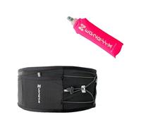 Ceinture Trail Running Mixte Noir - Ceinture Hydratation Sport avec Poche Smartphone Zippée (6,1”) + Flasque 500ml - 2 Poches Extensibles - Ajustable (avec Flasque Rose)