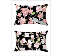 Cekog Housse de Coussin 50x70cm Lot de 2 Lin Rectangulaires Housse Coussin Exterieur Décoratives Fleurs Roses, Noir Motif Lombaire Taie d'oreiller pour Canapé Maison Salon Lit Jardin
