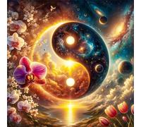 Cekog Paysage Yin Yang Diamond Painting 5D DIY Broderie Diamant Painting Kit Complet,Espace Floral Peinture Diamant Point de Croix Artisanat Convient Salon Décoration Murale Square Drill,20x20cm