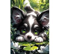 Cekog Peindre par Nombre Chien de l'étang aux lotus,Kit de Peinture par Numero pour Adultes DIY pour Débutant Seniors avec Pinceaux et Acrylique Pigmentée Décoration Cadeau 45x60cm avec cadre