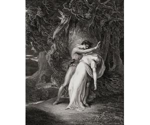 Céladon et Amelia. D'après une gravure de Francesco Bartolozzi d'après la peinture de William Hamilton. Amelia a été frappée par la foudre et meurt dans les bras de Celadon. L'histoire vient d'un