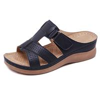 CELANDA Mules en Cuir pour Femme Sandales Mode Bout Ouvert Compensées Plateforme Pantoufles Premium Orthopédiques Sandales Vintage Chaussons de Plage d'été Bleu Marin,Taille:43 EU