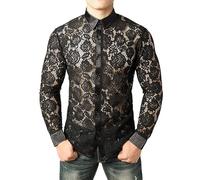 Celanisai Chemise à manches longues pour homme - Transparent - Dentelle - Boutonnée - Chemise à manches longues - Coupe ajustée - Chemise médiévale punk élégante - Maille transparente - Maillot de