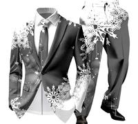 Celanisai Costume de Noël pour homme - Coupe ajustée - 2 pièces - Blaer et pantalon de costume amusant - Costume de Noël - Ensemble de smoking - Bonhomme de neige - Flocon de neige, O gris., S