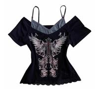 Celanisai Emo Grunge Y2K Lot de 2 t-shirts pour femme - Ventre nu - Faux - Sexy - Ventre nu - Mode tendance - Hauts respirants - Vintage Harajuku Punk Streetwear Gothique, O Noir., XL