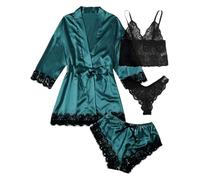 Celanisai Ensemble de pyjama pour femme en dentelle et satin - Set de 4 pièces comprenant un peignoir, un short de nuit, un crop top à bretelles spaghetti et un slip - Débardeur en dentelle - Pyjama
