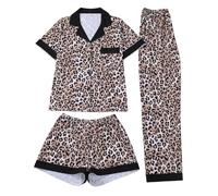 Celanisai Ensemble pyjama pour femme - Motif léopard - 3 pièces - Manches cruciformes - Chemise réversible - Short et pantalon long - Doux pour la peau - Doux et confortable - Vêtement de détente