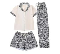 Celanisai Ensemble pyjama pour femme - Motif léopard - 3 pièces - Manches cruciformes - Chemise réversible - Short et pantalon long - Doux pour la peau - Doux et confortable - Vêtement de détente