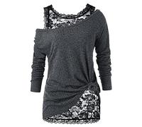 Celanisai Hauts en Dentelle Femme Élégant Ensemble Deux Pièces T-shirt à Manches Longues Pull Chemisier Manches Longues Épaules Dénudées Grande Taille Ample Décontracté Fête Haut Festif Blouses Hors
