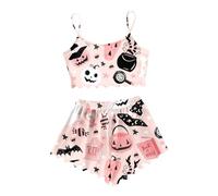 Celanisai Pyjama court d'Halloween pour femme - Imprimé fantômes sexy - Deux pièces - Haut court et short - 2 pièces - Tenue de nuit douillette - Aéré et léger, O rose., S