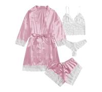 Celanisai Pyjama pour femme en dentelle et satin - 4 pièces - Peignoir de sommeil - Bretelles spaghetti - Crop Tops et culottes - Nuisette en dentelle - Nuisette en soie - Lingerie érotique