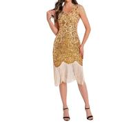 Celanisai Robe à franges et col en V pour femme - Style Charleston - Style rétro - Style années 1920 - Pour cocktail, festival, banquet, mariage, O beige., XXL