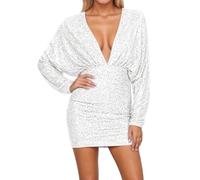 Celanisai Robe à paillettes femme tenue du Nouvel An or robe pailletée robe de soirée manches longues mini-robe sexy dos nu robe moulante couleur unie robes taille empire robe crayon pour fête de nuit