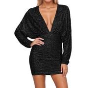 Celanisai - Robe à paillettes pour femmes - Tenue de réveillon - Robe de fête brillante en or - Manches longues - Mini-robe sexy - Dos nu - Robe bodycon - Robe empire taille crayon - Pour une nuit de