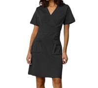 Celanisai Uniforme d'infirmière pour femme, manches courtes, longueur genou, robe de travail, robe chemise, uniforme, avec poches, vêtements de travail, blouse de médecin, O Noir., S