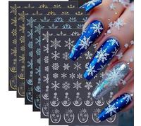 Celblisora Lot de 6 autocollants pour ongles de Noël, flocons de neige 3D, autocollants pour ongles, flocons de neige bleus, dorés, blancs, manucures de Noël pour femmes