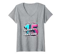 Célébration de Cadeau d'anniversaire 15 Ans et déjà génial T-Shirt avec Col en V, Femme, Gris Chiné, M