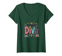 Célébration de l'école Diva Crown Star de troisième année T-Shirt avec Col en V, Femme, Vert Forêt, S