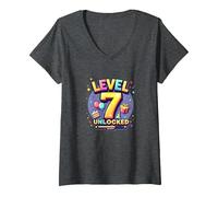 Célébration de réussite d'anniversaire des Joueurs débloqués de Niveau 7 T-Shirt avec Col en V, Femme, Chiné Foncé, L