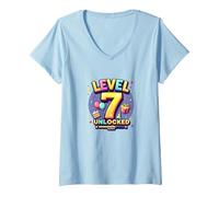 Célébration de réussite d'anniversaire des Joueurs débloqués de Niveau 7 T-Shirt avec Col en V, Femme, Bleu Céleste, M