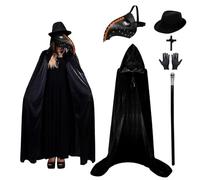 Celebration Directre Costume de médecin de la peste d'Halloween pour adulte, masque de médecin de la peste en cuir avec cape à capuche, chapeau haut-de-forme, collier croix, gants, sceptre rétro