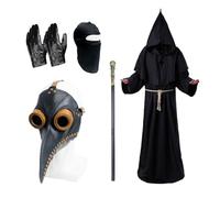 Celebration Directre Costume de médecin de la peste - Masque de prêtre - Robe de prêtre - Collier avec croix - Gants en cuir - Ceinture de sceptre - Cagoule - Costume d'Halloween pour homme et femme