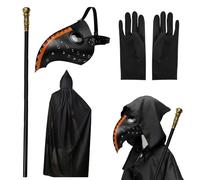 Celebration Directre Ensemble d'accessoires d'Halloween, masque de médecin de la peste en cuir synthétique, masque à bec long avec cape à capuche noire, gants courts, canne royale pour Halloween, fête