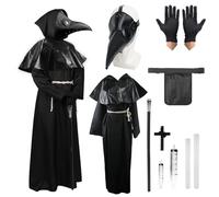 Celebration Directre Pest Doctor Costume d'Halloween pour cosplay, masque de Pest Docteur, masque rétro en cuir, gants en cuir, robe croix, collier, ceinture, sac pour adultes, hommes et femmes