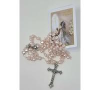 celebrationgiftsforall Chapelet de première communion pour fille avec cœur rose nacré dans un étui en plastique avec un coffret cadeau pour elle « How to Pray The Rosary and Mystères Recital