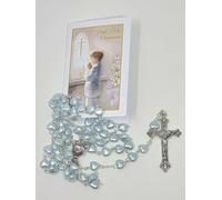 celebrationgiftsforall Chapelet de première communion pour garçon avec cœur bleu nacré dans un étui en plastique avec un coffret cadeau « How to Pray The Rosary and Mystères Recital Details/Prière »