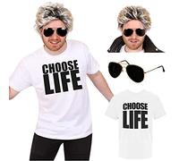 célèbre ensemble d'accessoires d'icônes pop des années 80 - t-shirt blanc "Choose Life" + lunettes de soleil + Perruque des années 80 - Accessoires de déguisements pop star des années 80 (Grand)