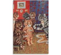 célèbre Louis Wain《Prendre le thé》Affiche et impressions Rétro Louis Wain Art mural Louis Wain Peinture sur toile pour la décoration murale de la maison Image 50x65cmx1 Sans cadre
