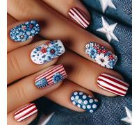 Célébrez Le 4 Juillet Avec 24pcs Square Press Sur Des Ongles Couvre Pleins Stick Sur Les Ongles Avec Des Conceptions De Fleurs Décoration Vacances Célébration