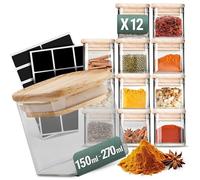 Celeko Home Lot de 12 pots à épices empilables rectangulaires avec couvercle en bois de bambou 150 ml (lot de 12) pots à épices en verre - Petits bocaux avec couvercles et étiquettes