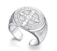 CELESTIA Bague Homme Chevaliere Homme Argent 925 avec Croix de Saint Benoît/7 Archanges/Pentacle, Ouverte, Taille Ajustable, Cadeau Papa, Mari, Copain