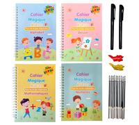 CELIMS - 4 Cahier Ecriture Magique | Cahier Magique Ecriture Maternelle | Cahiers Cursive Rainure Pour Apprendre A Ecrire | Alphabet, Chiffres Et Calculs | Réutilisables | En Français