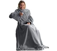 CelinaTex Couverture TV avec Manches et Poche pour Les Pieds Couverture Moelleuse XL 170 x 200 cm Argent Gris Microfibre Fleece Soft Oeko-TEX