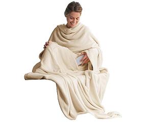 CelinaTex Couverture TV avec Manches et Poche pour Les Pieds Couverture Moelleuse XL 170 x 200 cm crème Blanc Microfibre Fleece Soft Oeko-TEX