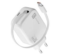 Cellularline Chargeur Secteur 30W avec Câble USB-C Rétractable de 90 cm, Technologie GaN, Double Port USB-C Power Delivery, Compact pour Smartphones et Tablettes, Blanc