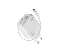 Cellularline Chargeur secteur 65 W avec câble rétractable USB-C 90 cm, technologie GaN, double port USB-C Power Delivery, compact pour smartphone, tablette et ordinateur portable, blanc