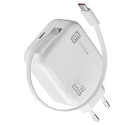 Cellularline Chargeur secteur Retractable Power 65W, câble USB-C 90 cm, GaN, 2x USB-C PD, Blanc